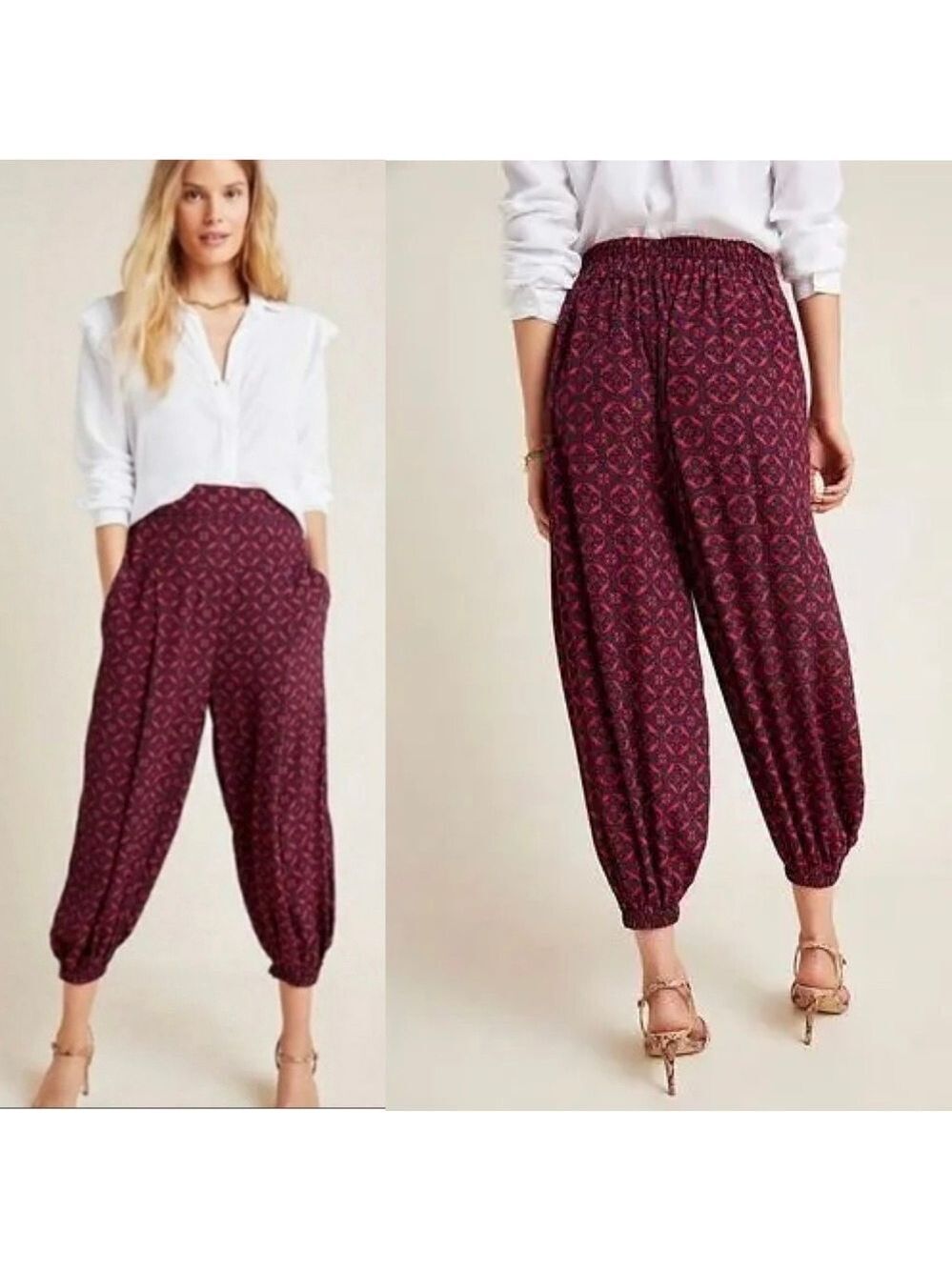 Anthropologie red navy blue High Waisted Harem Jogger Pants Womens XS Print